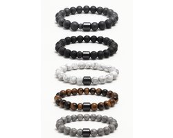 5-delige Natuurstenen Armbandenset – Voor heren en dames Elastische Kralenarmbanden – Handgemaakt – Lava, Howliet, Tijgeroog & Marmerlook
