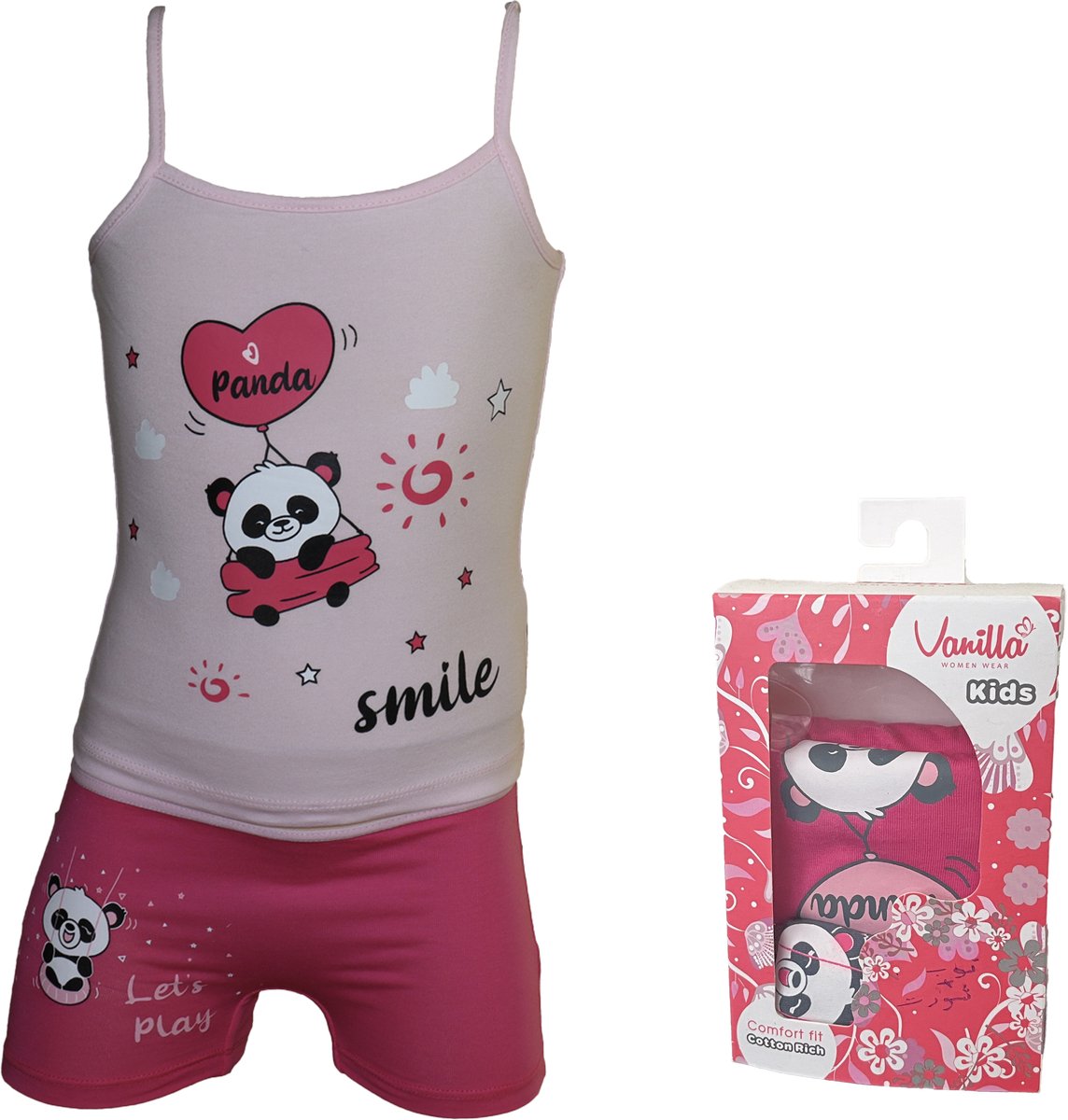 Vanilla – Meisjesondergoed, meisjesset hemd en boxershort - Egyptisch katoen – Roze/Blauw – 6/7 jaar – 4579