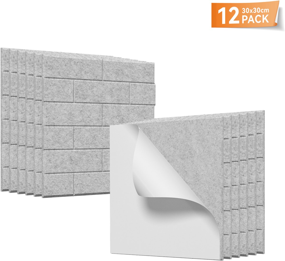 Aufun Vierkante baksteenvorm Akoestische Panelen, Zelfklevende Wandbekleding (Lichtgrijs, 12 Strips)