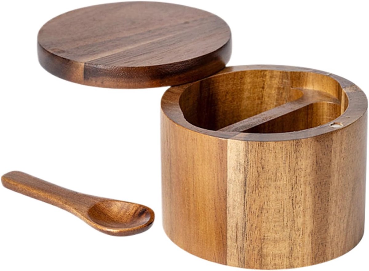 Kruidenpotje, zoutpot van bamboe, kruidenopbergdoos, kruidenpotje, hout, natuurlijke bamboe, opbergdoos met magnetisch zwenkdeksel voor het opbergen van keukenkruiden (9 x 7 cm