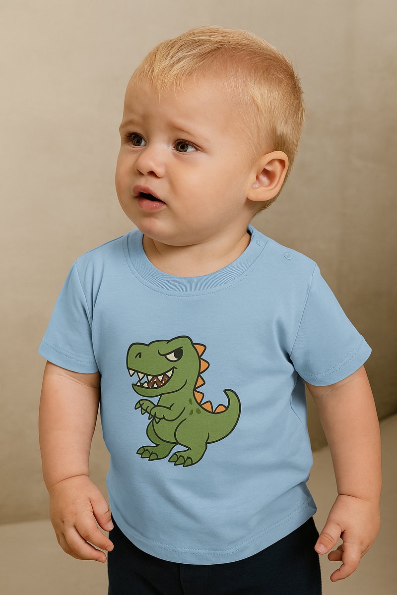 Baby T-Shirt “Dino” – Blauw – Unisex Shirtje met Stoere Opdruk – 6-12 Maanden – Perfect Cadeau
