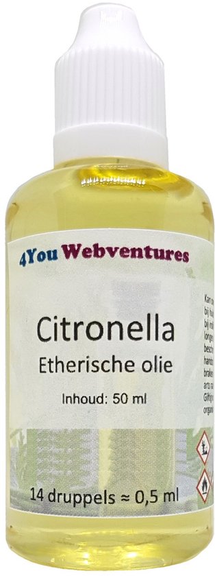 Flesje gele citronella etherische olie met wit druppeldopje en label met "Citronella Etherische olie 50 ml"