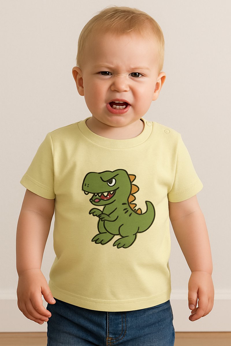 Baby T-Shirt “Dino” – Geel – Unisex Shirtje met Stoere Opdruk – 0-6 Maanden – Perfect Cadeau