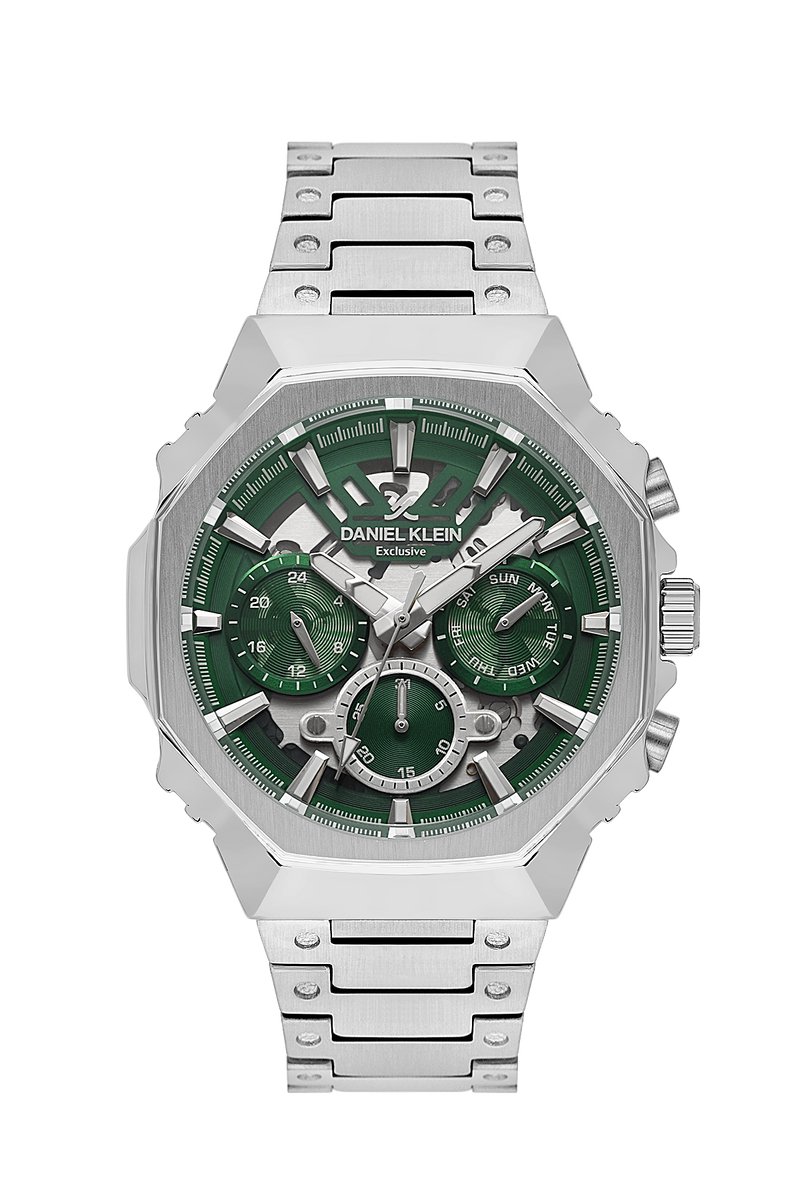 Daniel Klein DK.1.14000-3 - Horloge - Polshorloge - Analoog - Heren- Mannen - Achthoek - Stalen band - Metaal - Datumaanduiding - 24u - Streepjes - Zilverkleurig - Groen- Wit