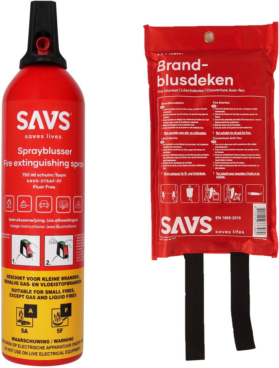 SAVS Brandblus box - Schuim klein - Sprayblusser schuim 750ml & Blusdeken 100 x 100cm - Vetblusser - Blusrating 5A 5F - Ook voor auto, boot, caravan of camper - Schuimblusser & Branddeken voor o.a. thuis & keuken - Brandblusser