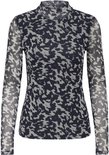 Grijze mesh top met donkerblauwe camouflageprint en lange mouwen.