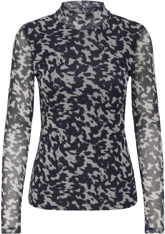 Grijze mesh top met donkerblauwe camouflageprint en lange mouwen.