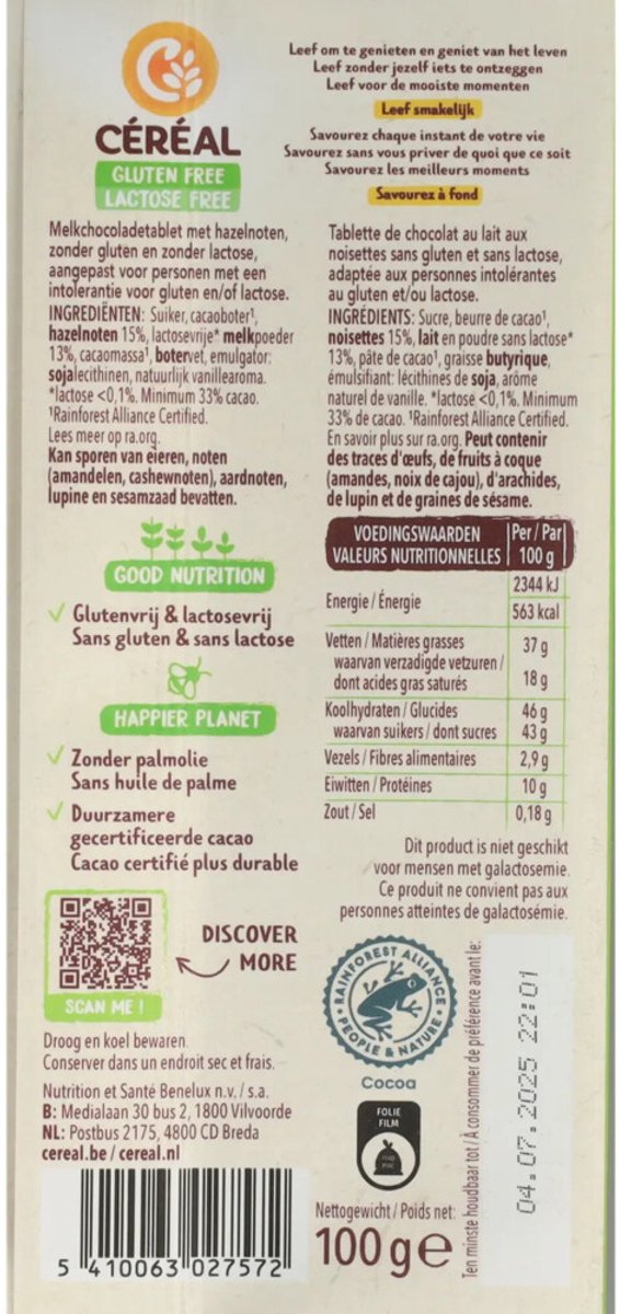 Céréal Melkchocolade Tablet Hazelnoot Glutenvrij en Lactosevrij 100 gr