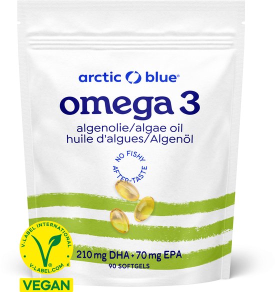 Foto: Arctic blue omega 3 algenolie capsules 420 mg dha 140 mg epa 45 doseringen vegan keurmerk