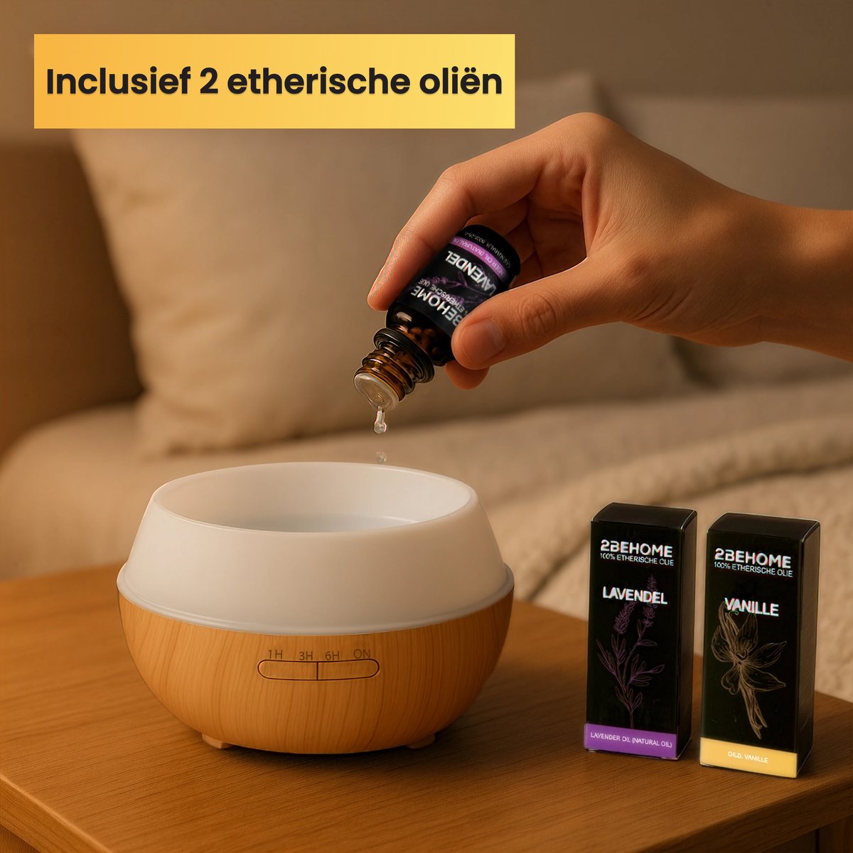 2BEHOME Aroma Diffuser met 2 Etherische Oliën & Afstandsbediening - 550ML - Aroma Diffuser Luchtbevochtiger - Etherische olie diffuser - Essentiele olie Aromadiffusers - Geurverspreider voor Aromatherapie - Lichte Houtlook — cadeau in Wonen & Interieur - foto 5