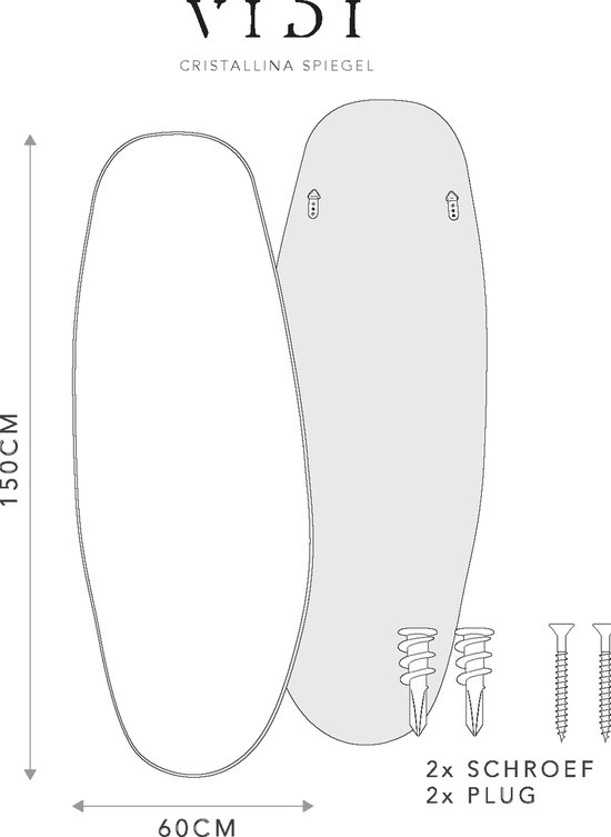 Technische tekening van een ovaale spiegel met afmetingen 150x60cm en montagemateriaal.