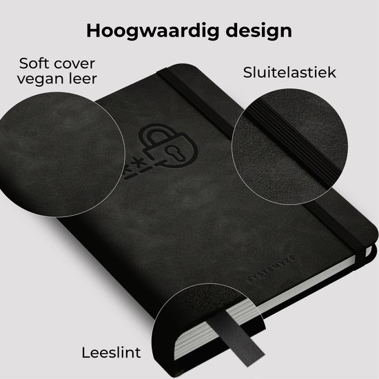 Close-up van zwart notitieboek met "Soft cover vegan leer", "Sluitelastiek" en "Leeslint".