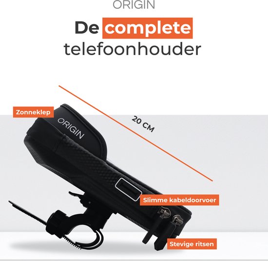 Zwarte fiets telefoonhouder van 20 cm lang, met "Zonneklep", "Slimme kabeldoorvoer" en "Stevige ritsen".