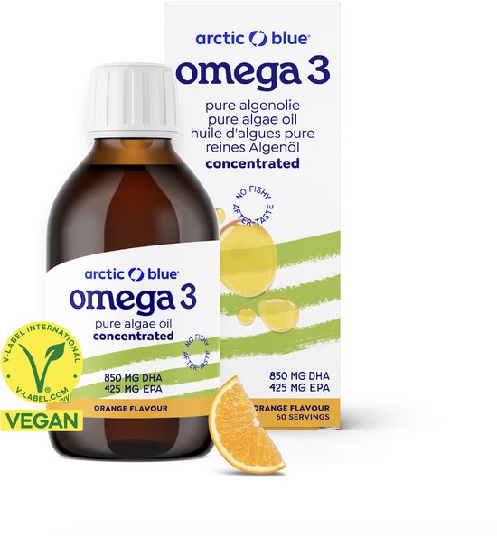 Arctic Blue – Omega 3 Algenolie - 850 mg DHA + 425 mg EPA - Sinaasappelsmaak - 60 Doseringen - Vegan Keurmerk