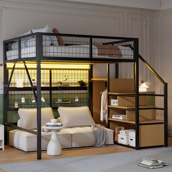 Pugsdrly Lit en fer 140*200 cm Lit mezzanine Convient aux enfants et aux adolescents Structure en métal Design polyvalent Avec échelle de rangement Avec armoire ouverte Bandes lumineuses LED contrôlées par application Zwart