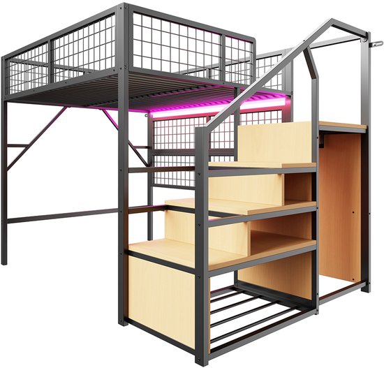 Pugsdrly Lit en fer 140*200 cm Lit mezzanine Convient aux enfants et aux adolescents Structure en métal Design polyvalent Avec échelle de rangement Avec armoire ouverte Bandes lumineuses LED contrôlées par application Zwart
