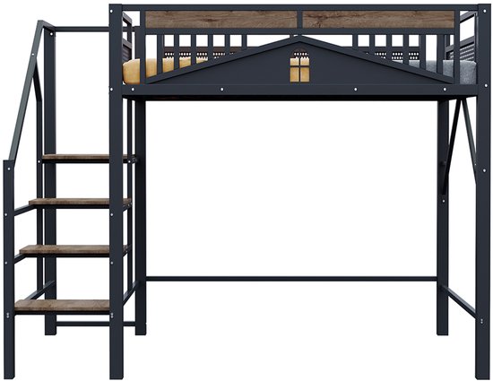 Lit mezzanine en métal Pugsdrly 140 x 200 cm Boîtier unique avec design de fenêtre Avec échelle de sécurité Beaucoup d'espace de rangement sous le lit Zwart