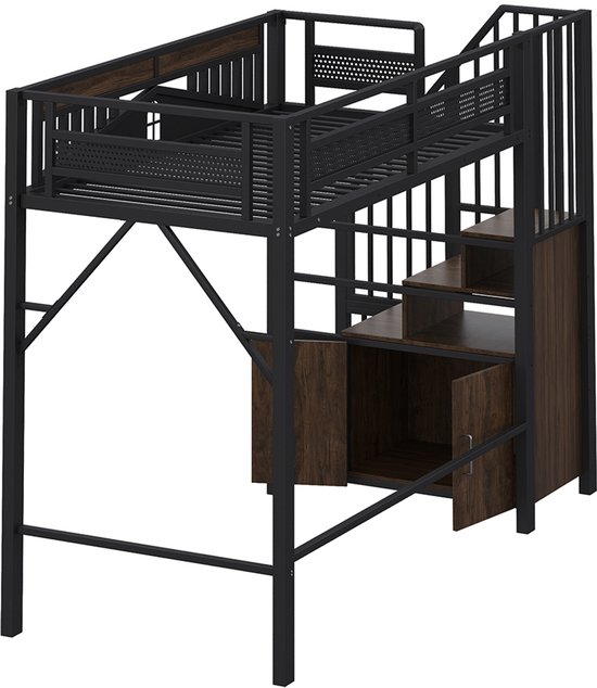 Lit mezzanine en métal Pugsdrly 90 x 200 cm, enceinte de sécurité unique avec fenêtre, échelle de sécurité avec armoire, noir