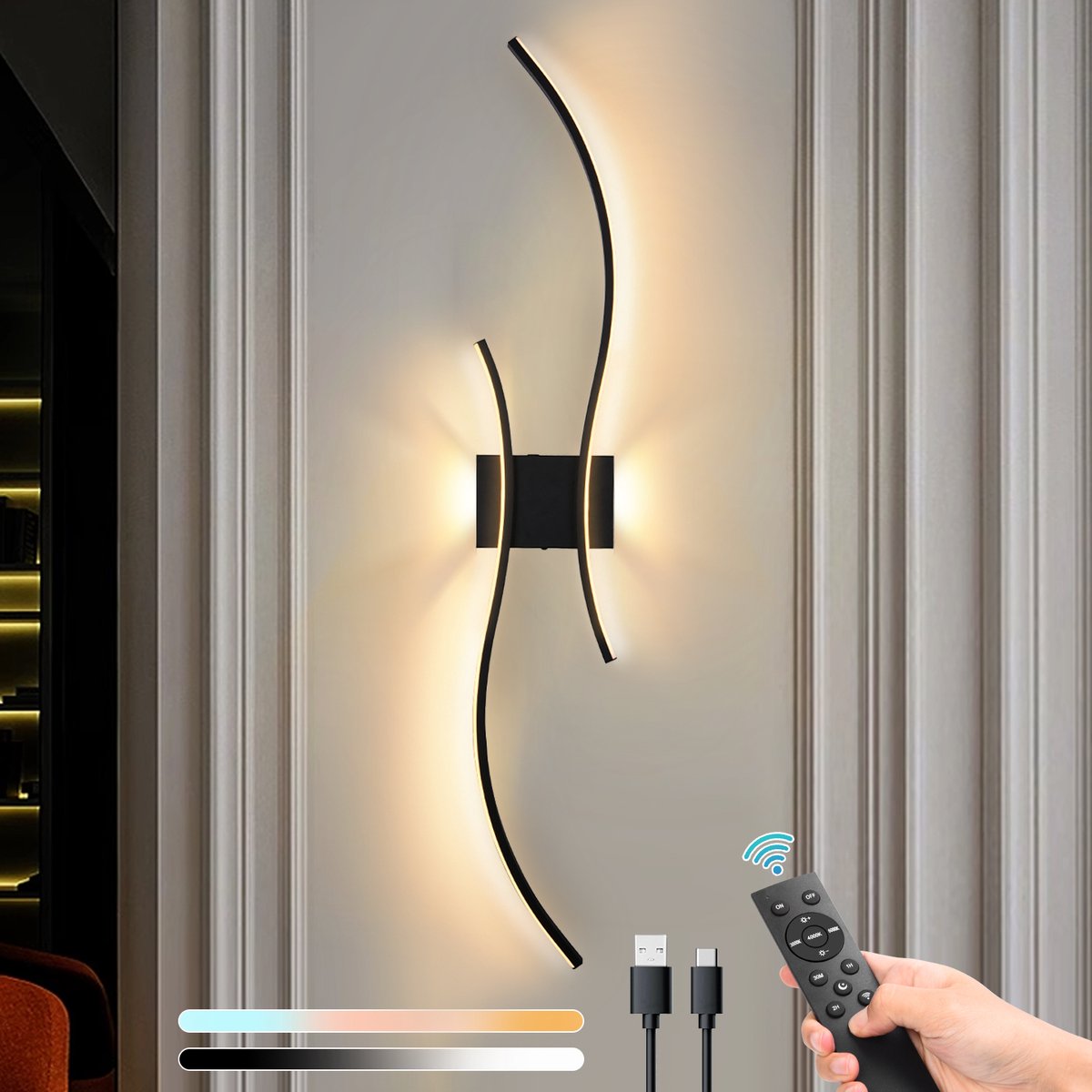 Rosnek Draadloze Wandlamp Oplaadbaar – Instelbare Kleurtemperatuur & Helderheid, Afstandsbediening met USB-C - 15-55 uur Werking – Moderne LED Muurlamp met Dubbele Zijverlichting, Timer en Touch Bediening – Zwart Aluminium Design (Bol)