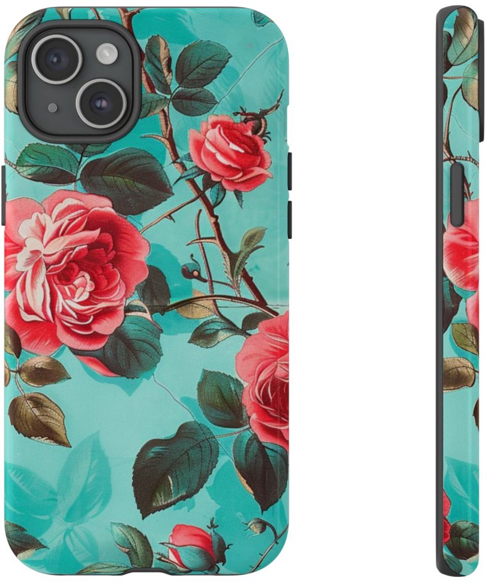 Rode Rozen op Turquoise Achtergrond – Telefoonhoesje Geschikt voor iPhone 15 Plus