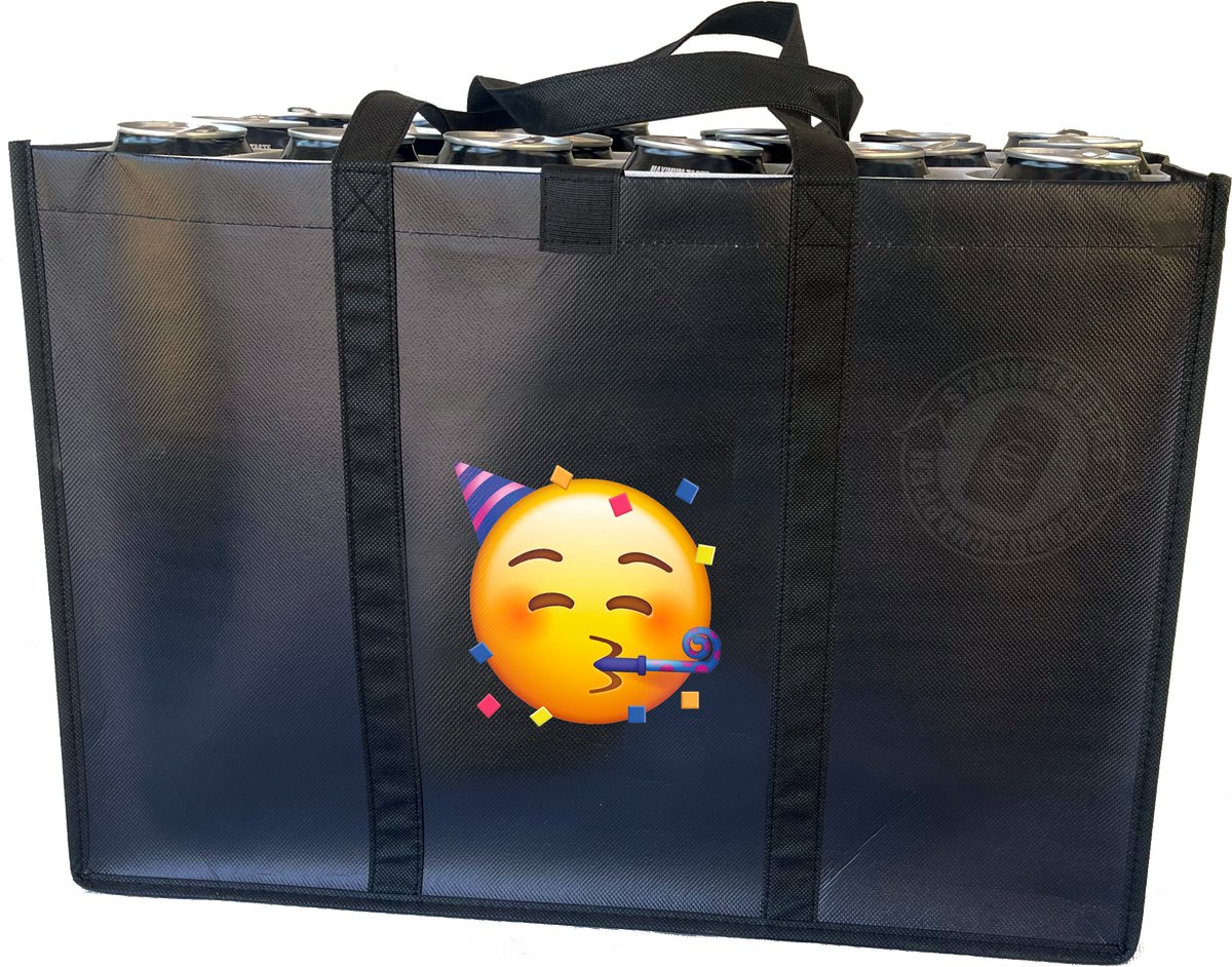Party face –Combiset Statiegeldtas - boodschappentas + 2 koelementen met een leuke emoji – met handig klittebandsysteem