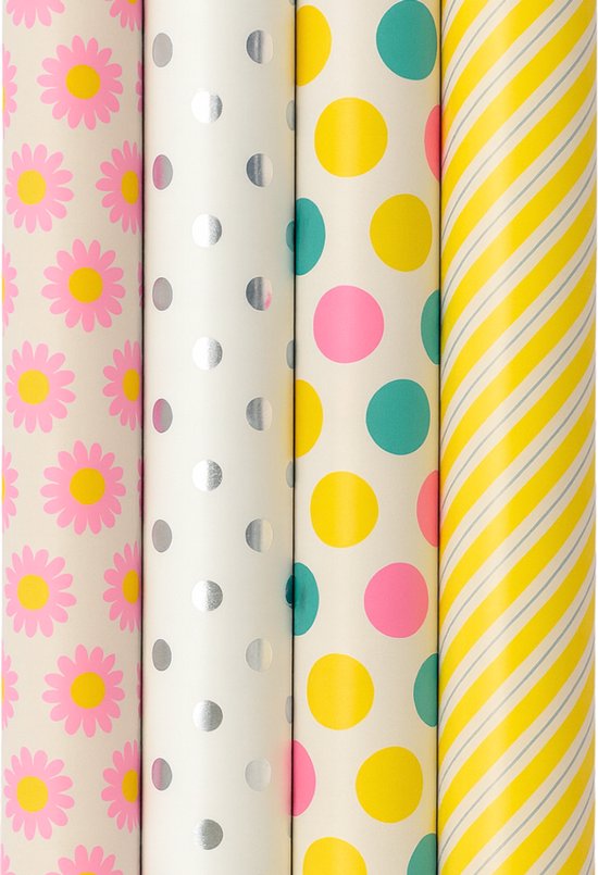Cadeaupapier - SummerFun - (4 STUKS) – 200×70 cm – Bloemen, Polkadots, Stippen & Strepen - Inpakpapier - Vrolijk - Zomer - Feestelijk Cadeaupapier