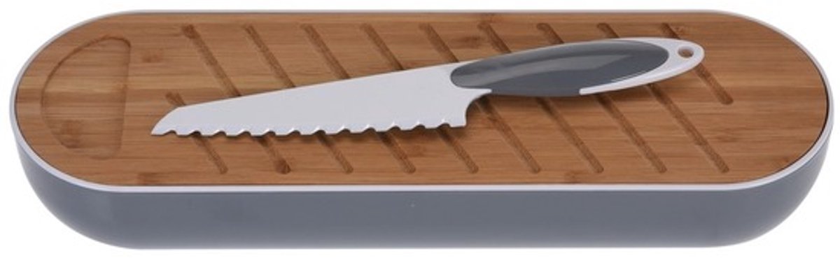 Grijze kunststof brood trommel - met plank en mes- 40 cm - broodtrommel