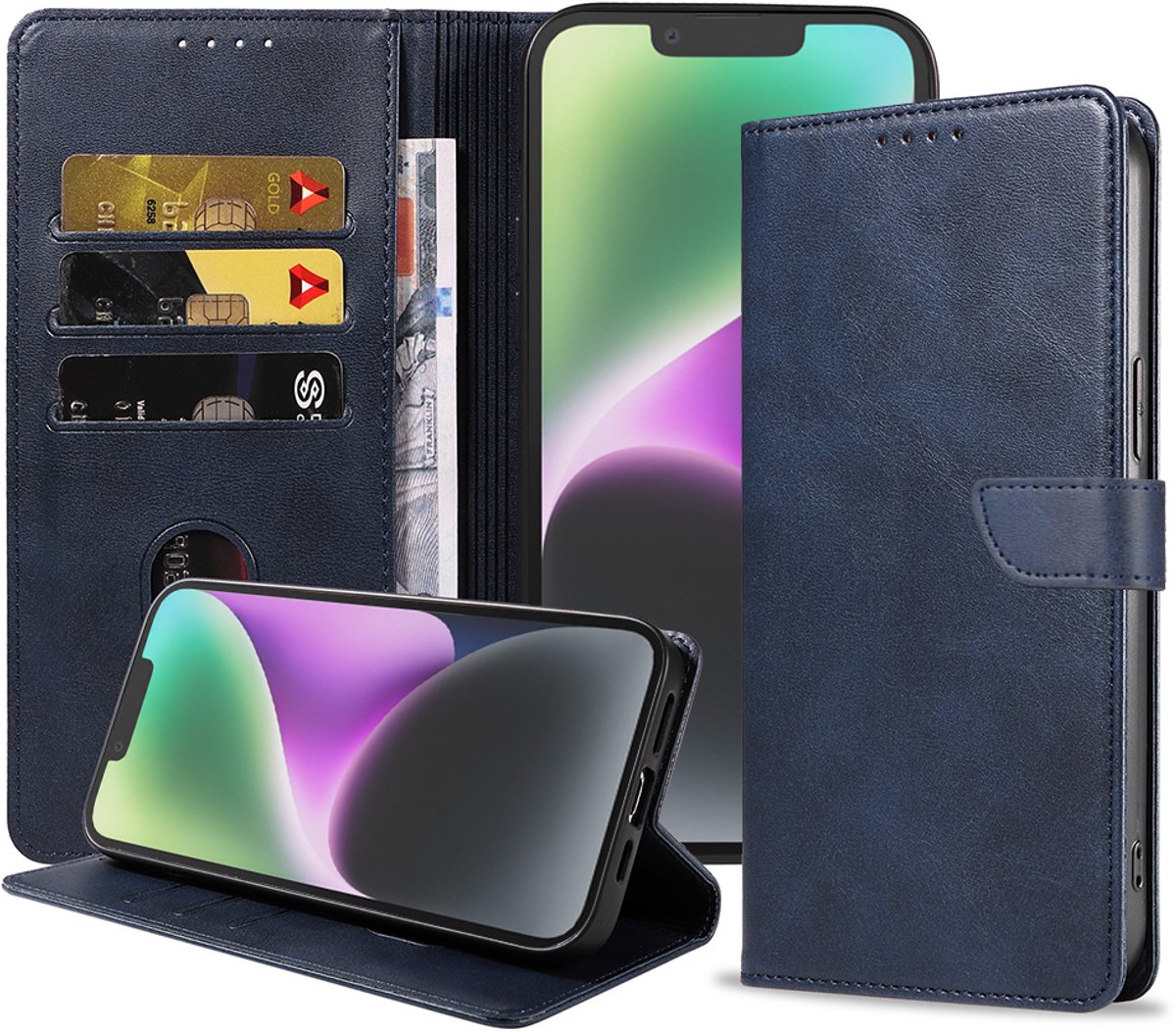 Geschikt voor iPhone 14 Telefoonhoesje Kunstleer met Magnetisch lipje en Pasjeshouder Book Case met Klepje - Blauw - Smartphonica geschikt voor iPhone 14