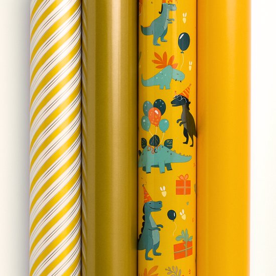 Papier cadeau - DinoGlow - (4 PIÈCES) - 200×70 cm - Dinosaures, rayures et détails dorés - Papier cadeau - Fête d'enfants - Anniversaire - Papier cadeau joyeux