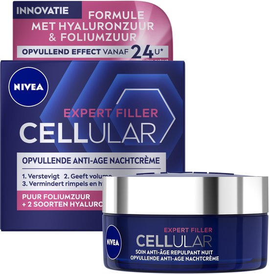 NIVEA CELLular Expert Filler Anti-Age Nachtcrème - Alle Huidtypes - Crème met Hyaluronzuur en Foliumzuur - Hydraterend en Anti-Rimpel Effect - 50 ml