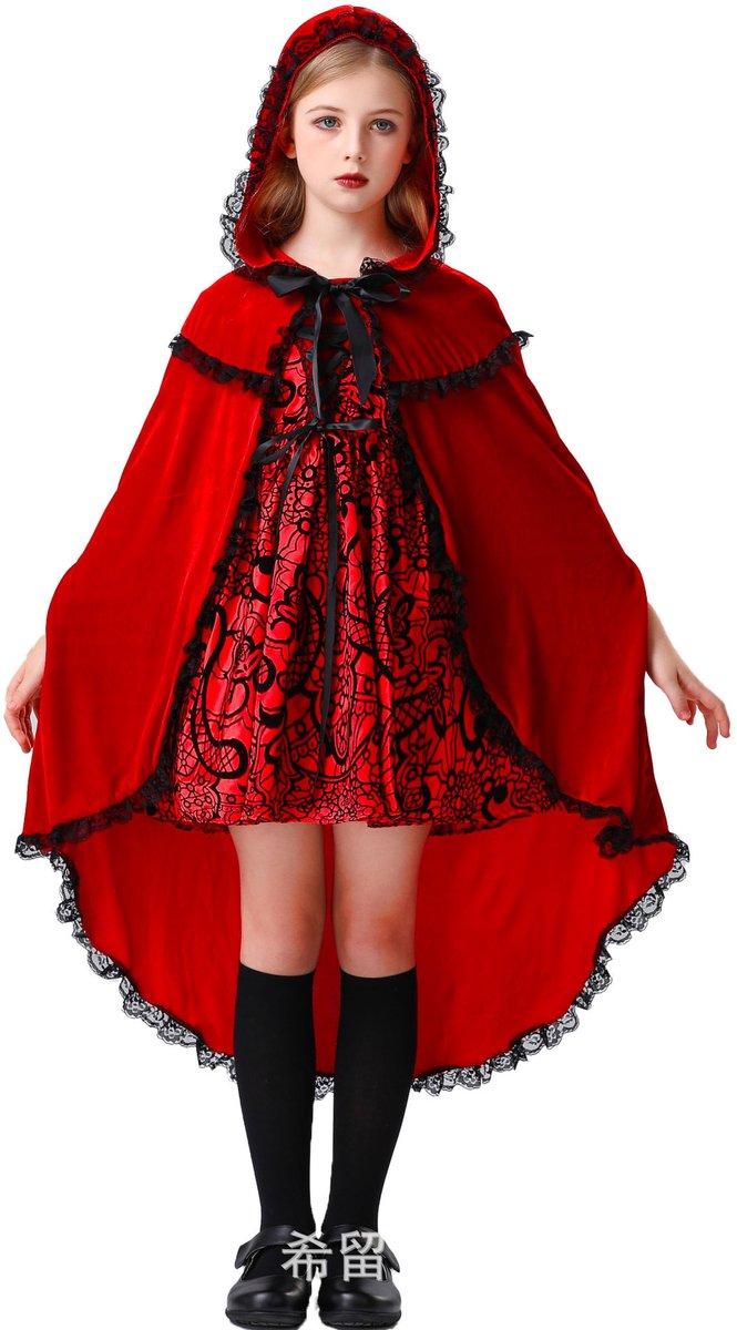 Halloween Cosplay Kostuum - Gotische Jurk met Cape - Roodkapje Podiumkostuum - Feestelijke Verkleedset - Geschikt voor Kinderen Rond 120cm - Meisjes Feest Cosplay Maskerade Carnaval Kostuum Feestkostuum