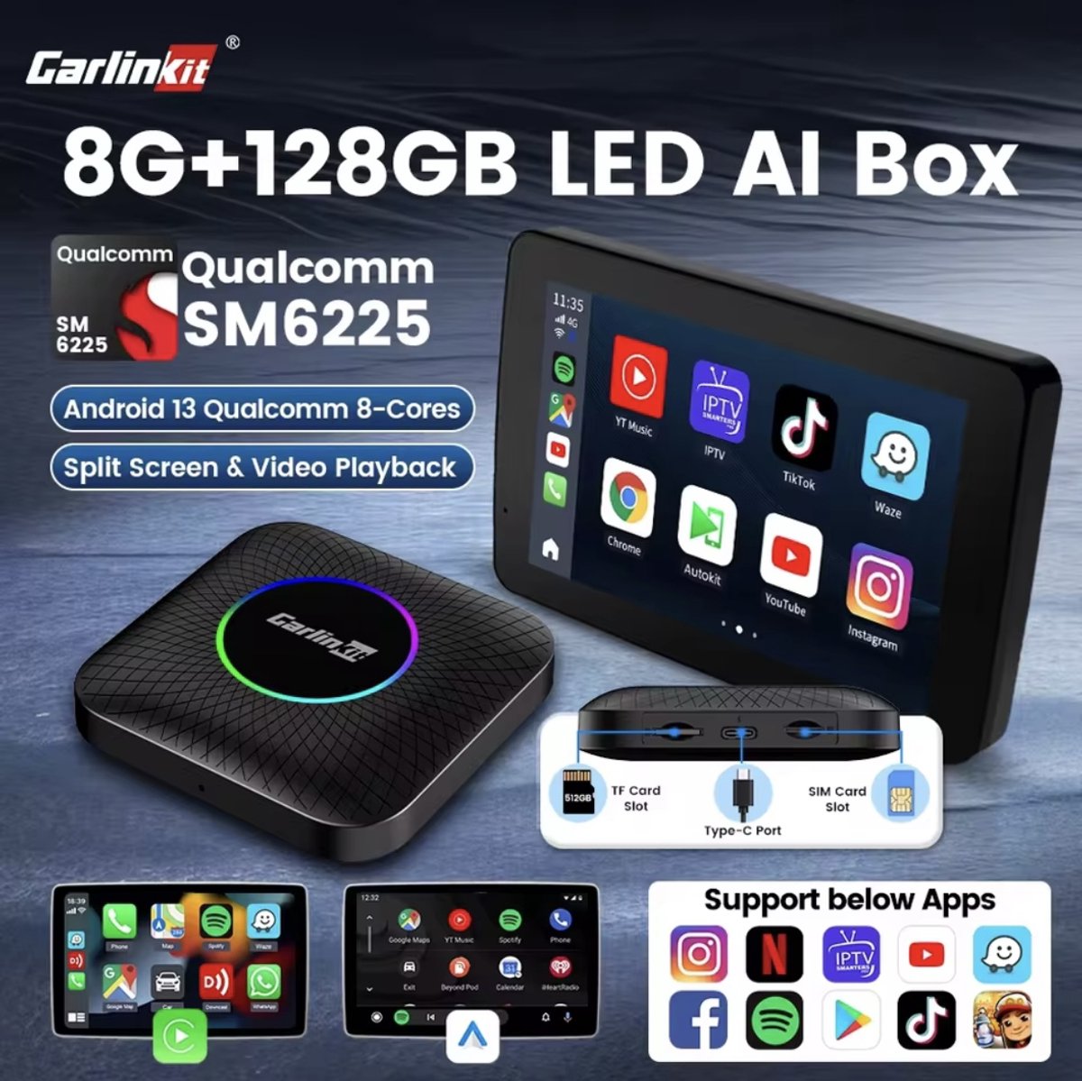 Carlinkit - CPC200-Tbox - Auto Multimedia Speler - met 13 inch LED - Carplay - 8-Cores - 8GB128GB - Multimedia Autoradio - CarPlay AI-box - Android 13.0 - Draadloze