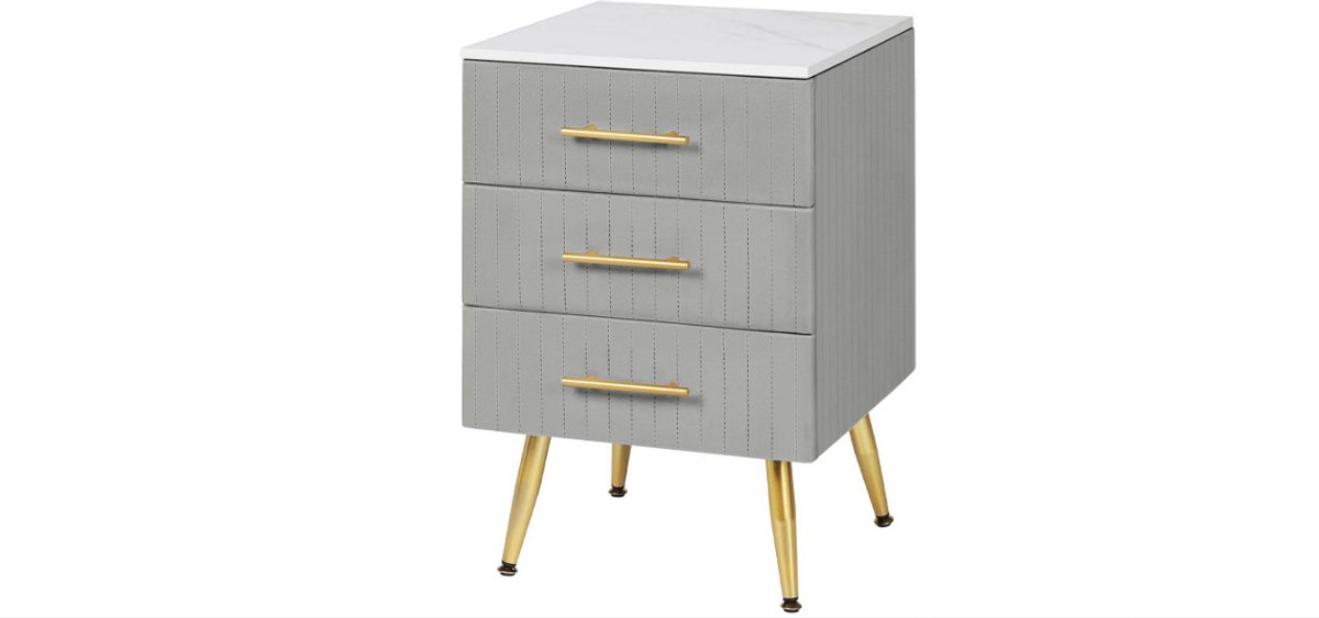 WNHB® Modern Nachtkastje met Fluwelen Bekleding – 3 Lades – Grijs & Goud – Hout/MDF – 40,5 x 41 x 62 cm – Luxe Slaapkamermeubel