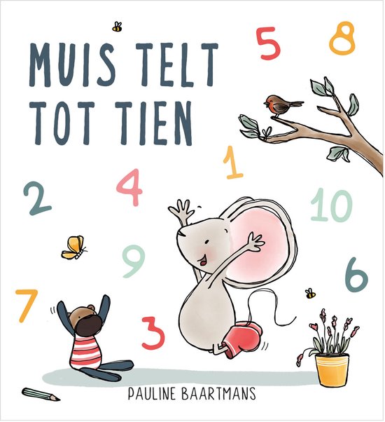 Boekcover 'Muis telt tot tien' met een grijze muis en een bruine beer. Getallen 1 tot 10 verspreid.