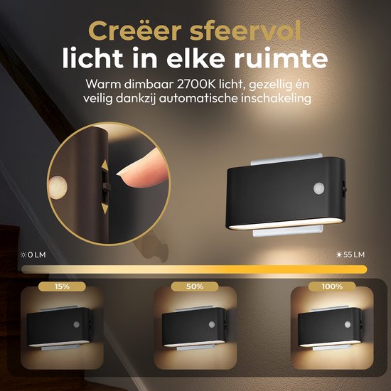 Demonstratie van de Lummia stekkerlamp met instelbare helderheid van 0-55 lumen, bij 15%, 50% en 100%.