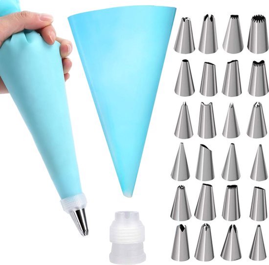 Crrynuo Spuitzak met Spuitmondjes – Herbruikbaar voor het Bakken van Cake – 24 Spuitmondjes – Blauw