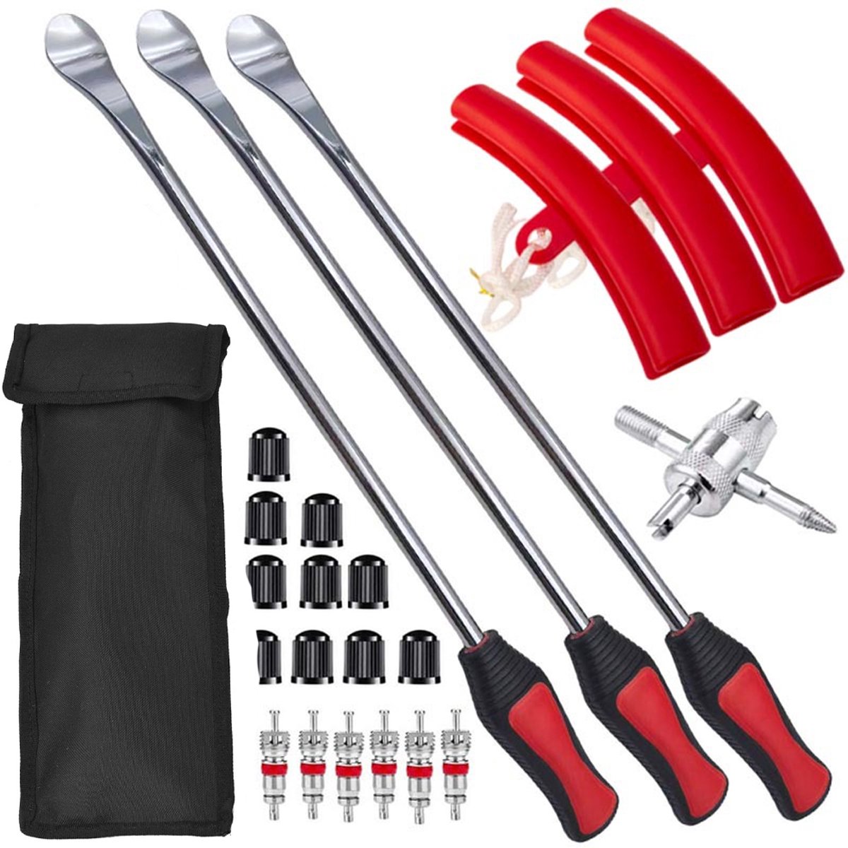 22 Delige Bandenlichter en Velgbeschermer Set - 37.5 cm - Bandenlichter - Bandenlepel - Breekijzers - Bandenlepels - Velgbeschermer - Ventielgereedschap - Ventieldopjes en Ventielkernen - Voor Fiets Motorfiets autobanden - Met Opbergtas - Staal
