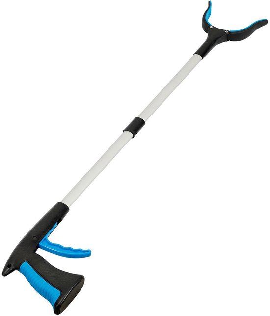 Grijper met lange, zilverkleurige steel en een zwarte en blauwe handgreep met grijper.