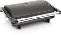 Gesloten zwarte Tristar contactgrill met zilverkleurig handvat en rode indicatorlampje.