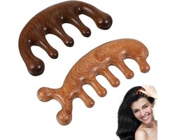 Gua Sha - 2 Pieces Massage Comb - Sandalwood - Natuurlijke Houten Kam - Huidverzorging en Ontspanning - Acupressuur en Haarverzorging (Bruin)
