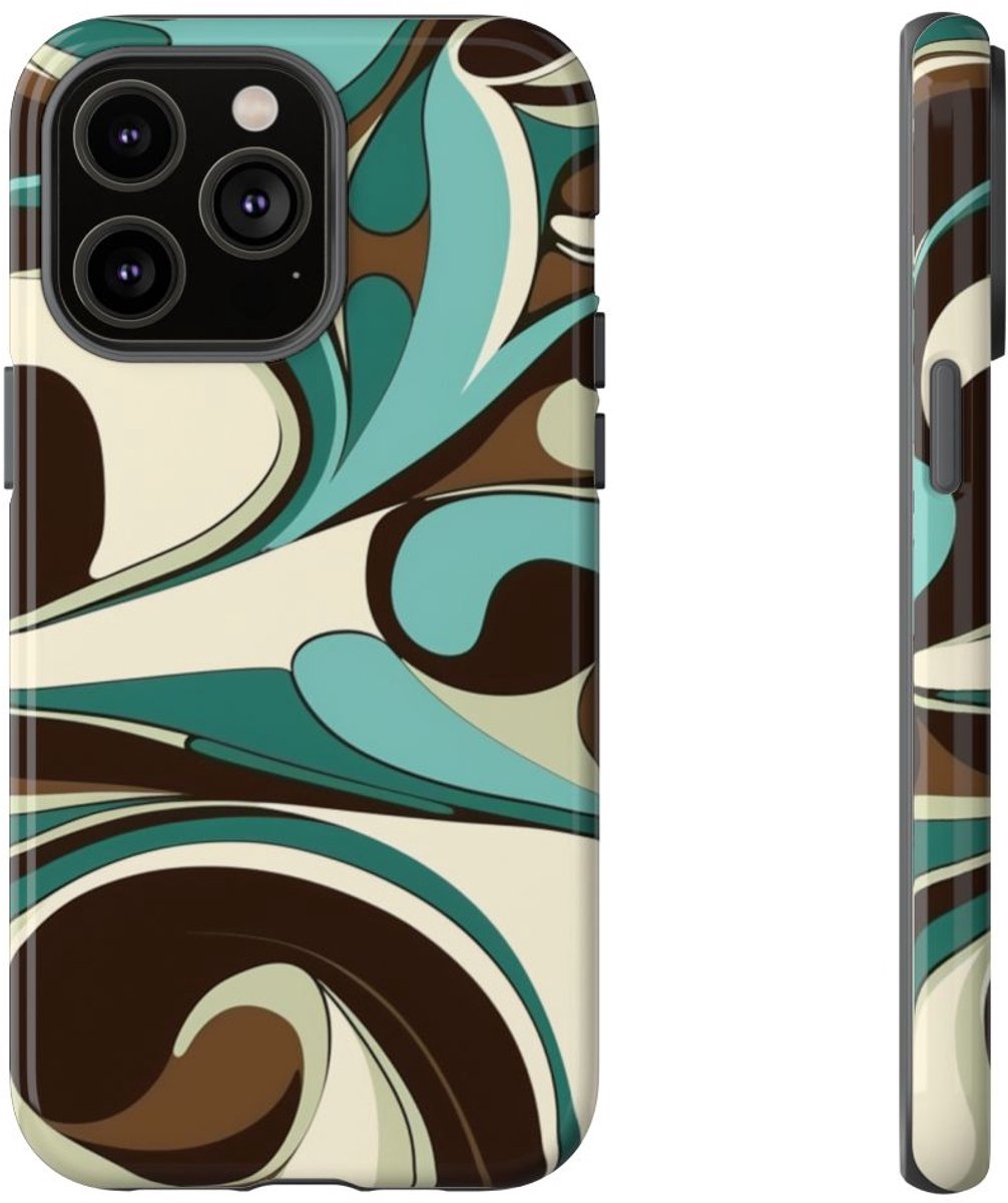 Abstracte Swirl in Teal en Bruin – Telefoonhoesje Geschikt voor iPhone 14 Pro Max