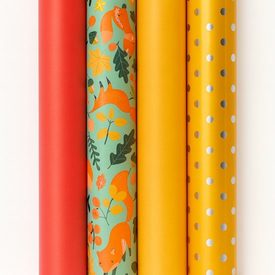 Cadeaupapier - Autumn Vibes - (4 STUKS) – 200×70 cm – Herfst, Warm Rood, Oranje & Gouden Stippen - Inpakpapier - Najaarsstijl - Sfeervol Cadeaupapier