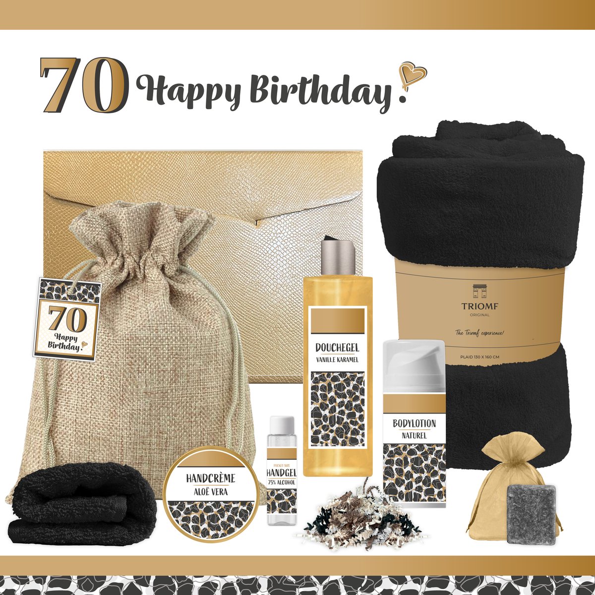 Geschenkset “70 Jaar Happy Birthday!” - 8 producten - 1210 gram - Triomf Cosmetica | Luxe wellness cadeaubox voor haar Giftset Verjaardag Zeventig Cadeau Pakket Gefeliciteerd Verjaardagscadeau Vrouw Gift Set Party Seventy Years Panter Zwart Goud