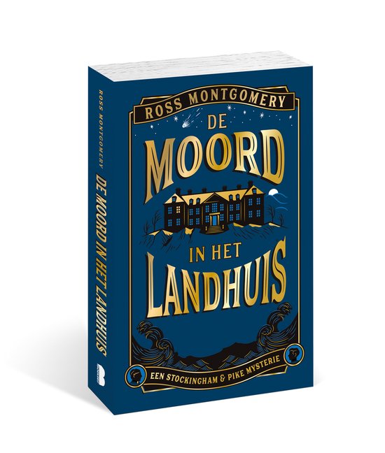 Boek 'De moord in het landhuis' in een hoek van 45 graden, met een gouden opdruk.