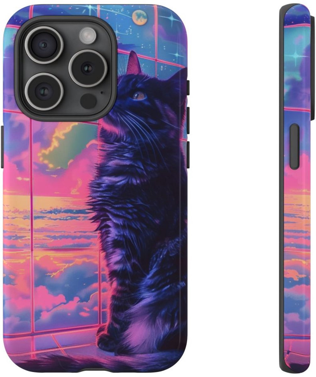 Lofi Vaporwave Kat met Neonlucht – Telefoonhoesje Geschikt voor iPhone 15 Pro