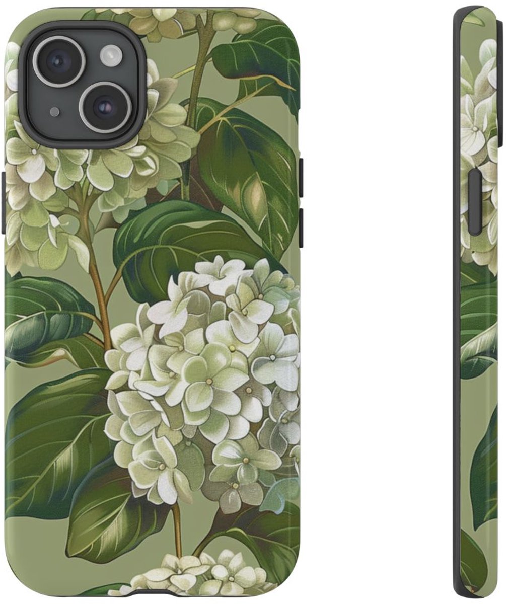 Realistisch Witte Hortensia Bloemenpatroon – Telefoonhoesje Geschikt voor iPhone 15 Plus