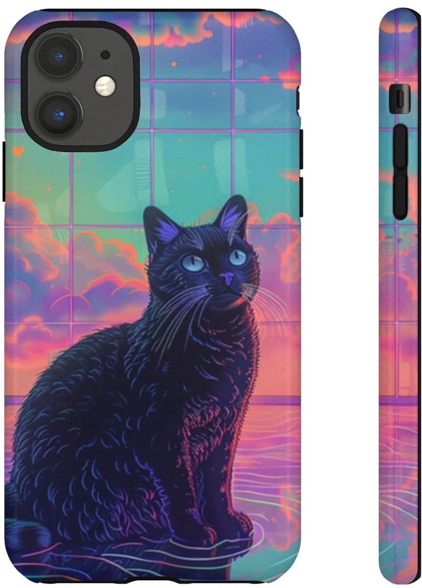 Zwarte Kat met Neonlucht Reflectie – Telefoonhoesje Geschikt voor iPhone 11
