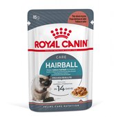 Pouch Royal Canin Hairball met een Siamees katje, brokjes in saus en de tekst 'Helps reduce hairball formation in 14 days'.