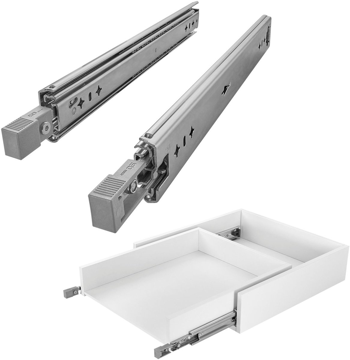 1 paar SOTECH VarioSlide KV2-100-H53-L850-EH heavy-duty ladegeleiders, 850 mm, met lock-in/lock-out-functie en grijze hendel. Heavy-duty volledig uittrekbaar, draagvermogen tot 100 kg.