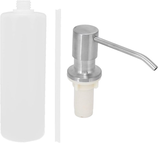 Roestvrijstalen zeepdispenser met witte fles en een extra rietje, geïsoleerd.